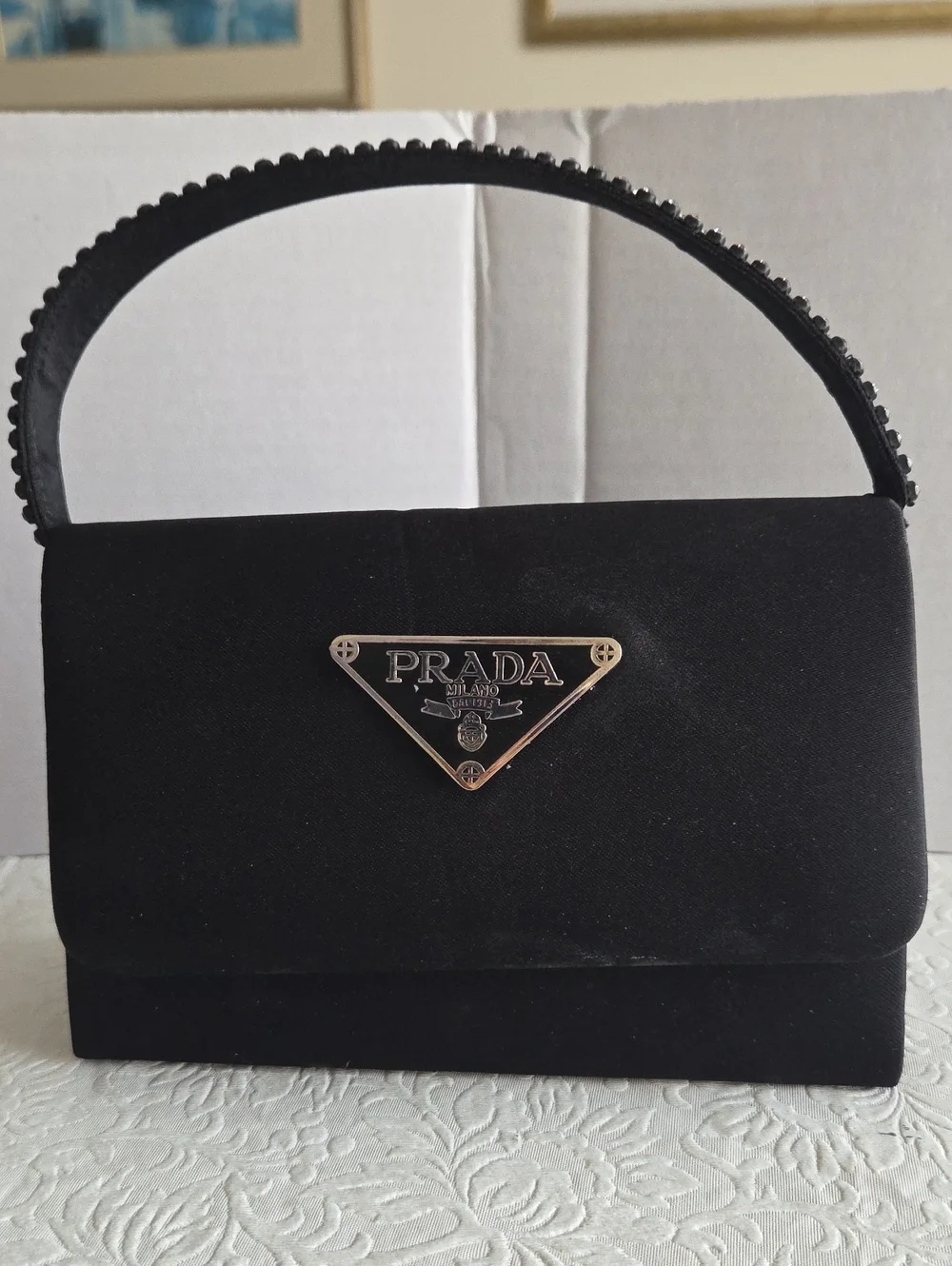 Designer Inspired Black Satin Top-Handle Evening Bag
